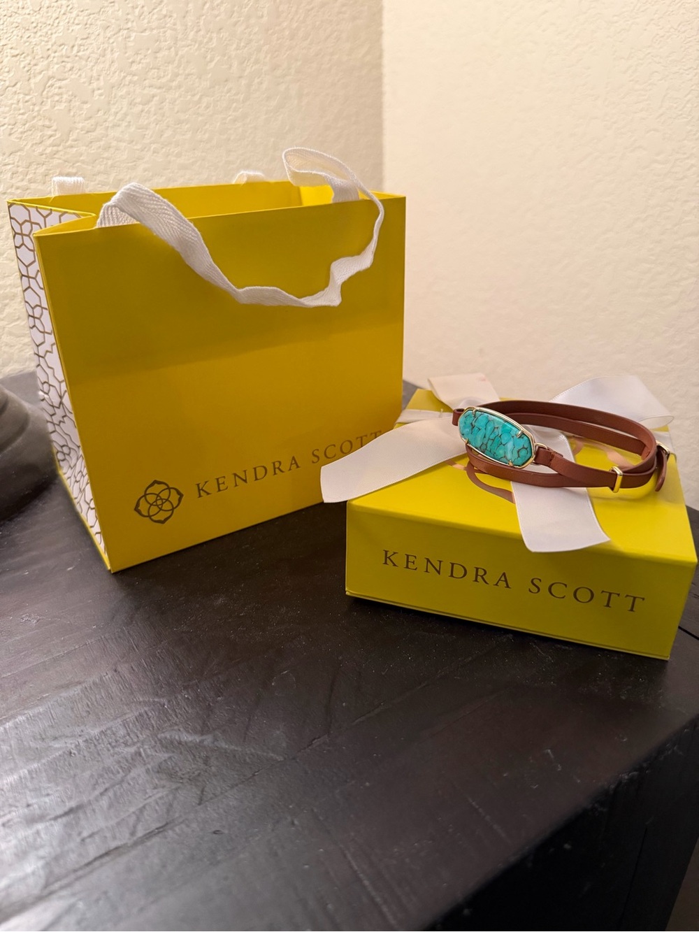 Kendra Scott Tan Leather Double Wrap Bracelet with Turquoise Stone